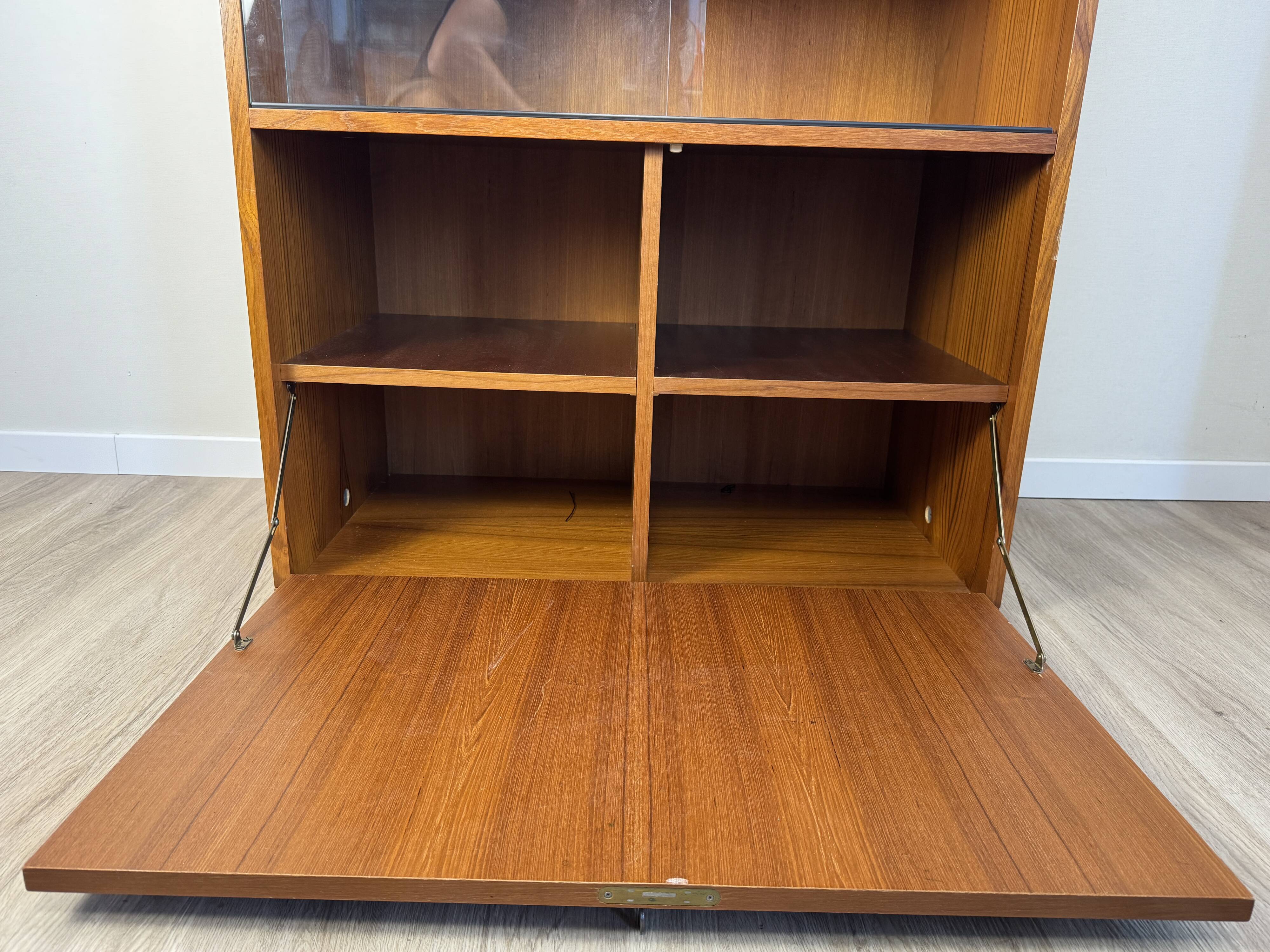 Teak furniture — sliding display cabinet + drop-down door