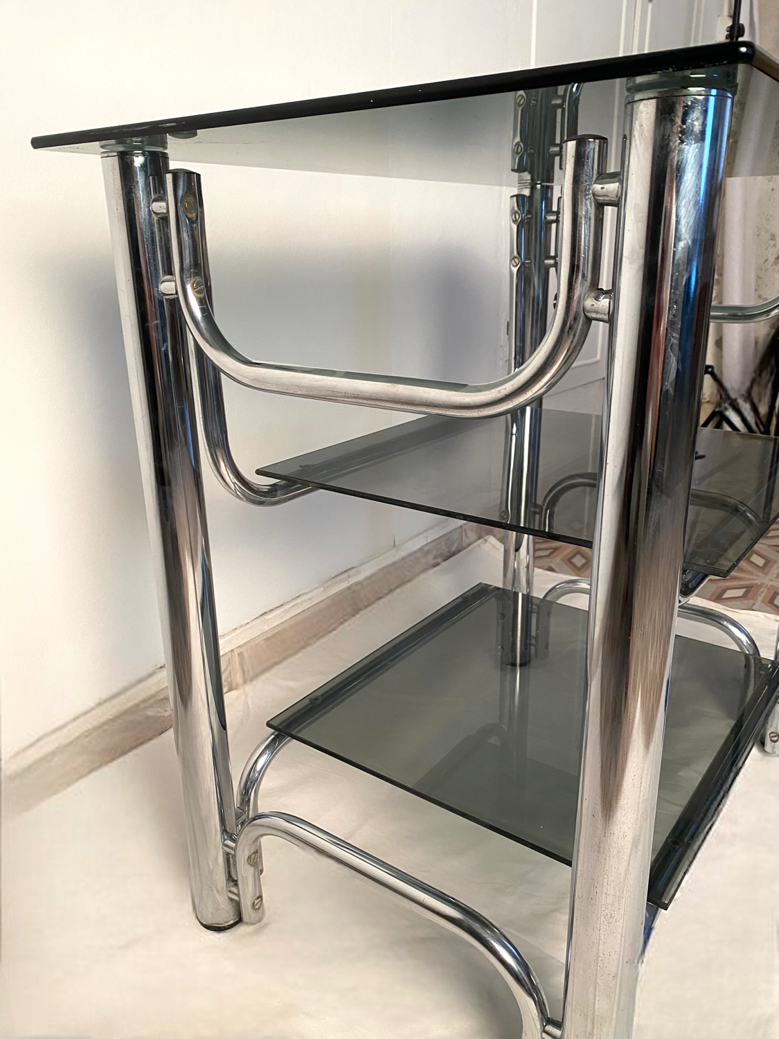 Console smoked glasses, chrome structure, 70s