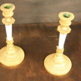 Pair of bronze and white opaline candlesticks