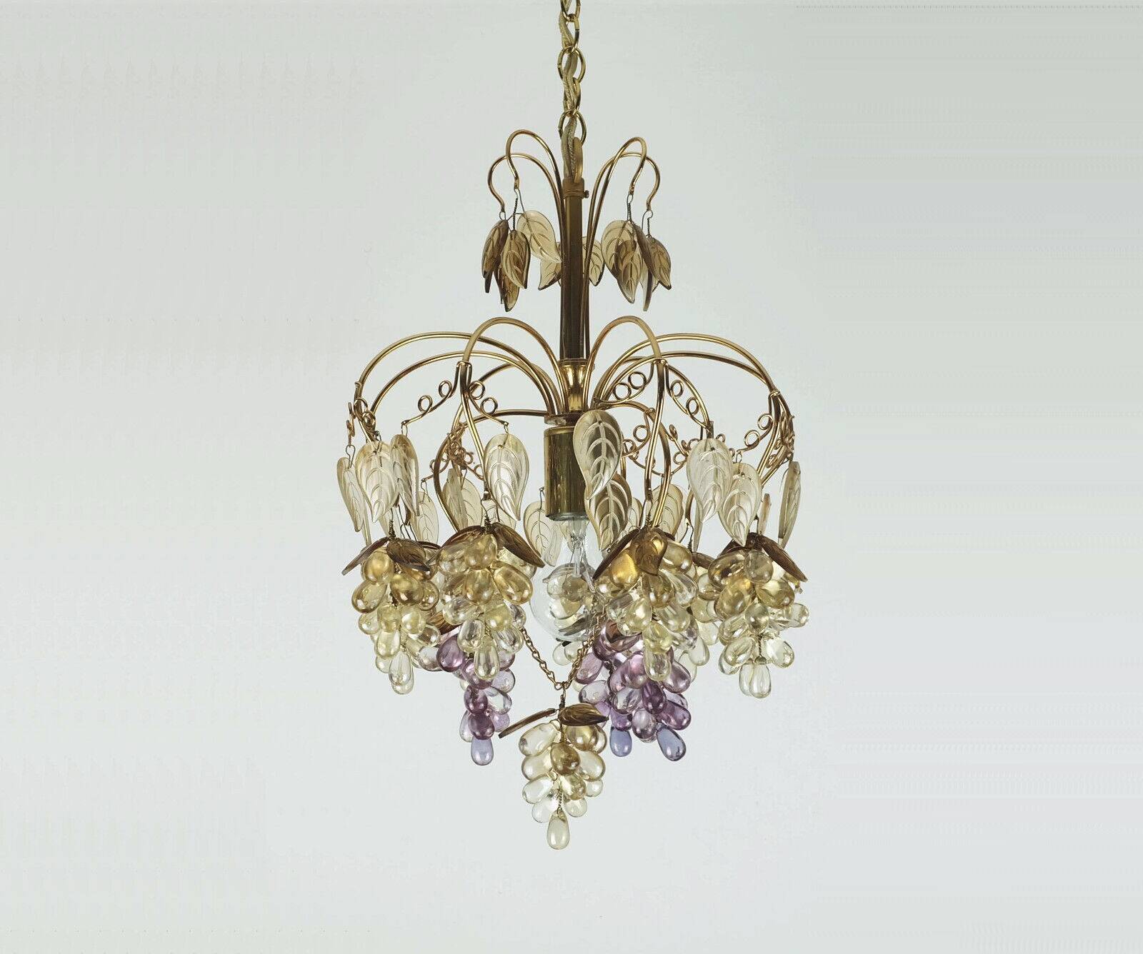Very rare palwa mid century chandelier 1970s crystal glass and gilt brass grapes and leaves
