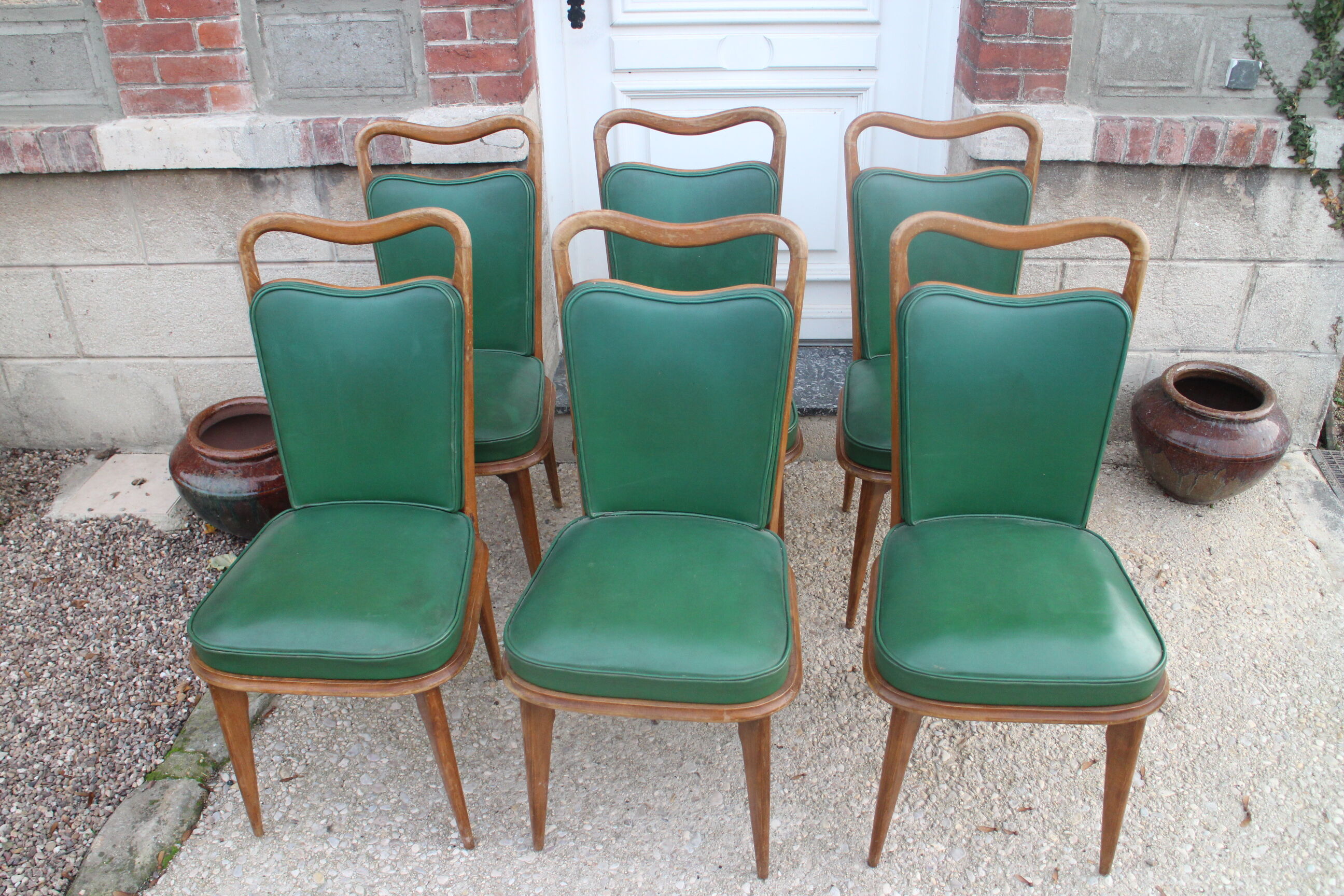 Série 6 chaises simili cuir vert 1950