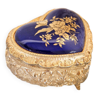 Vintage gold and blue heart-shaped jewelry box