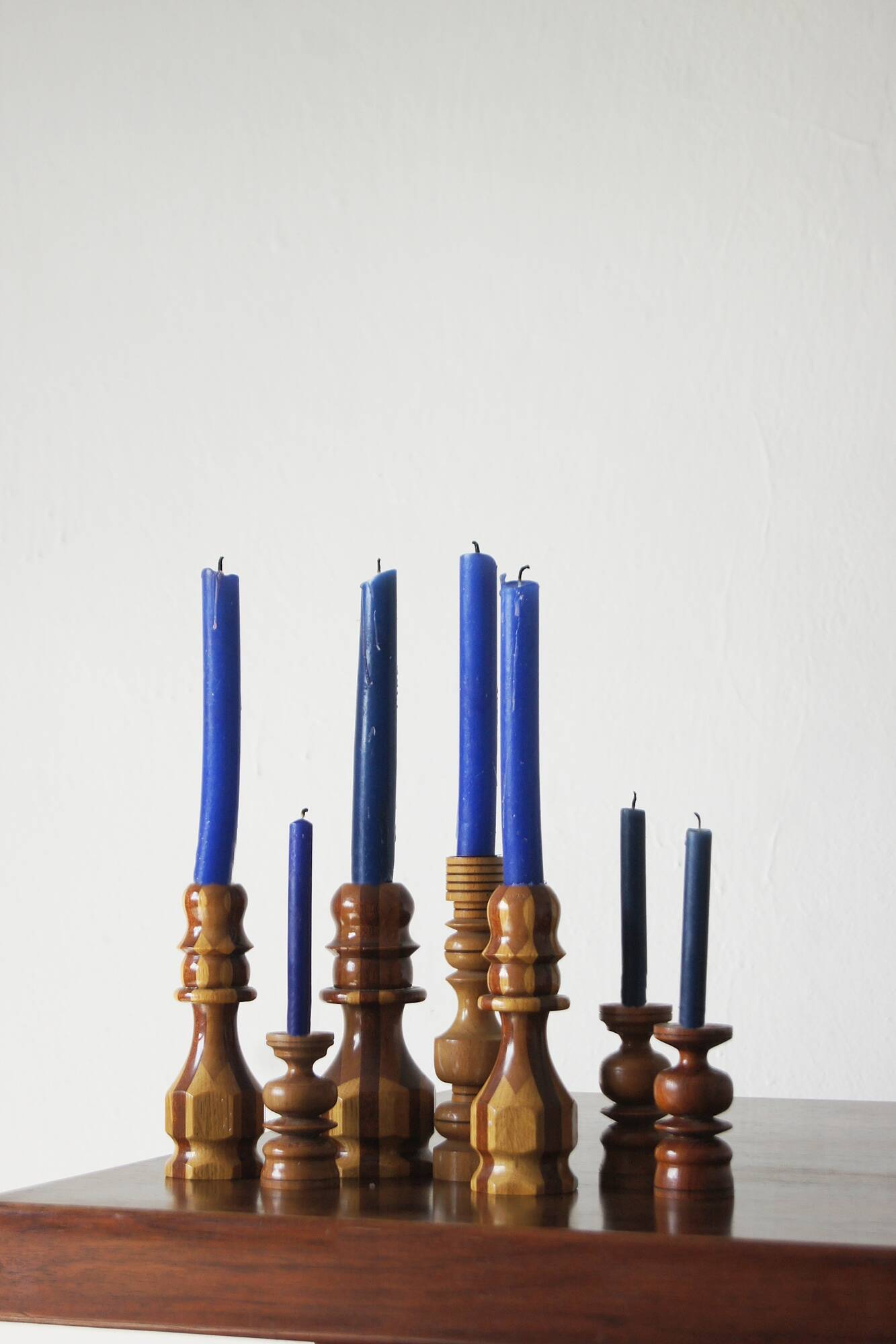 Scandinavian Wooden Candleholders, Set of 7