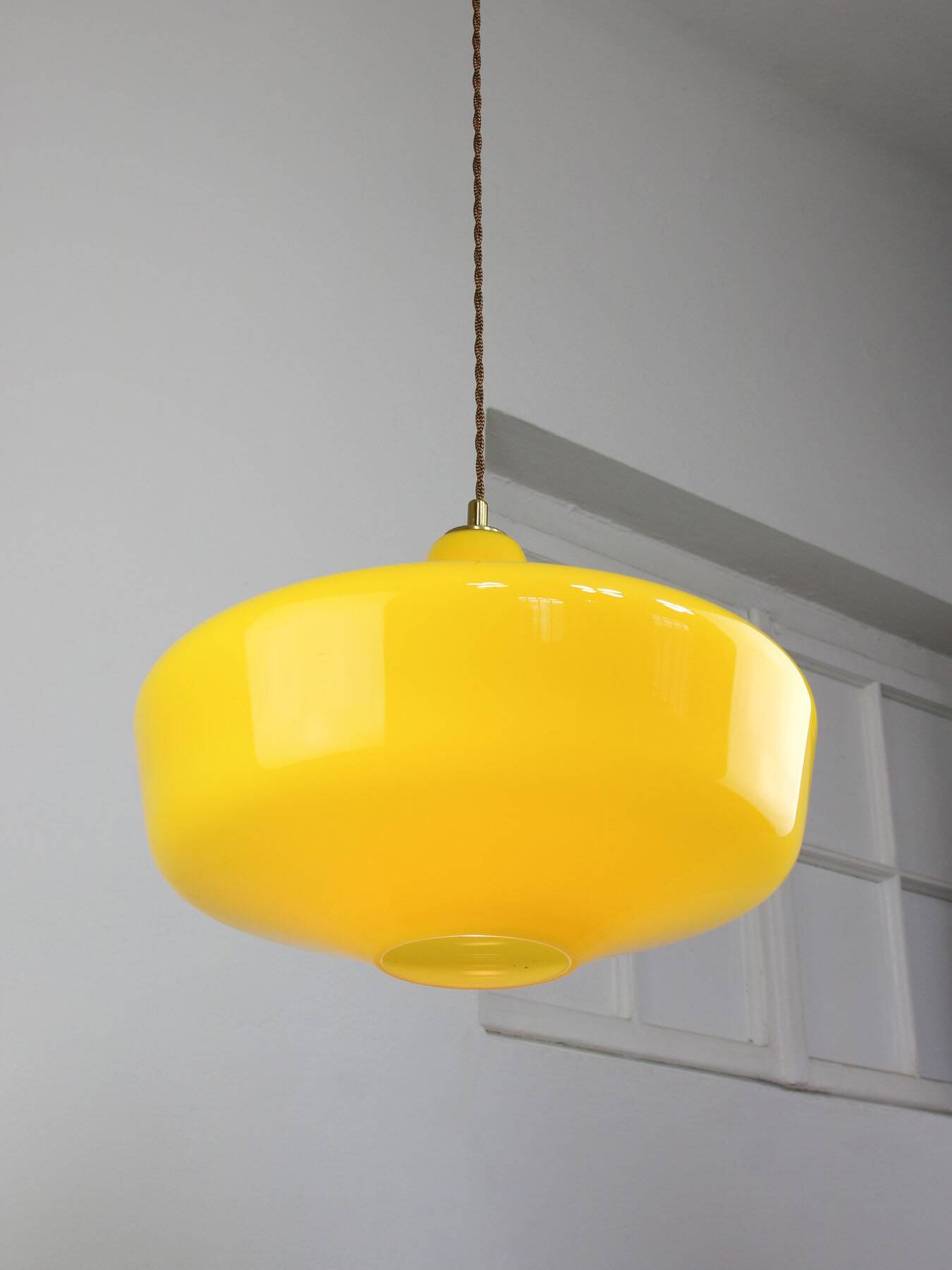 Mid-Century Italian Brass and Yellow Glass Pendant Lamp