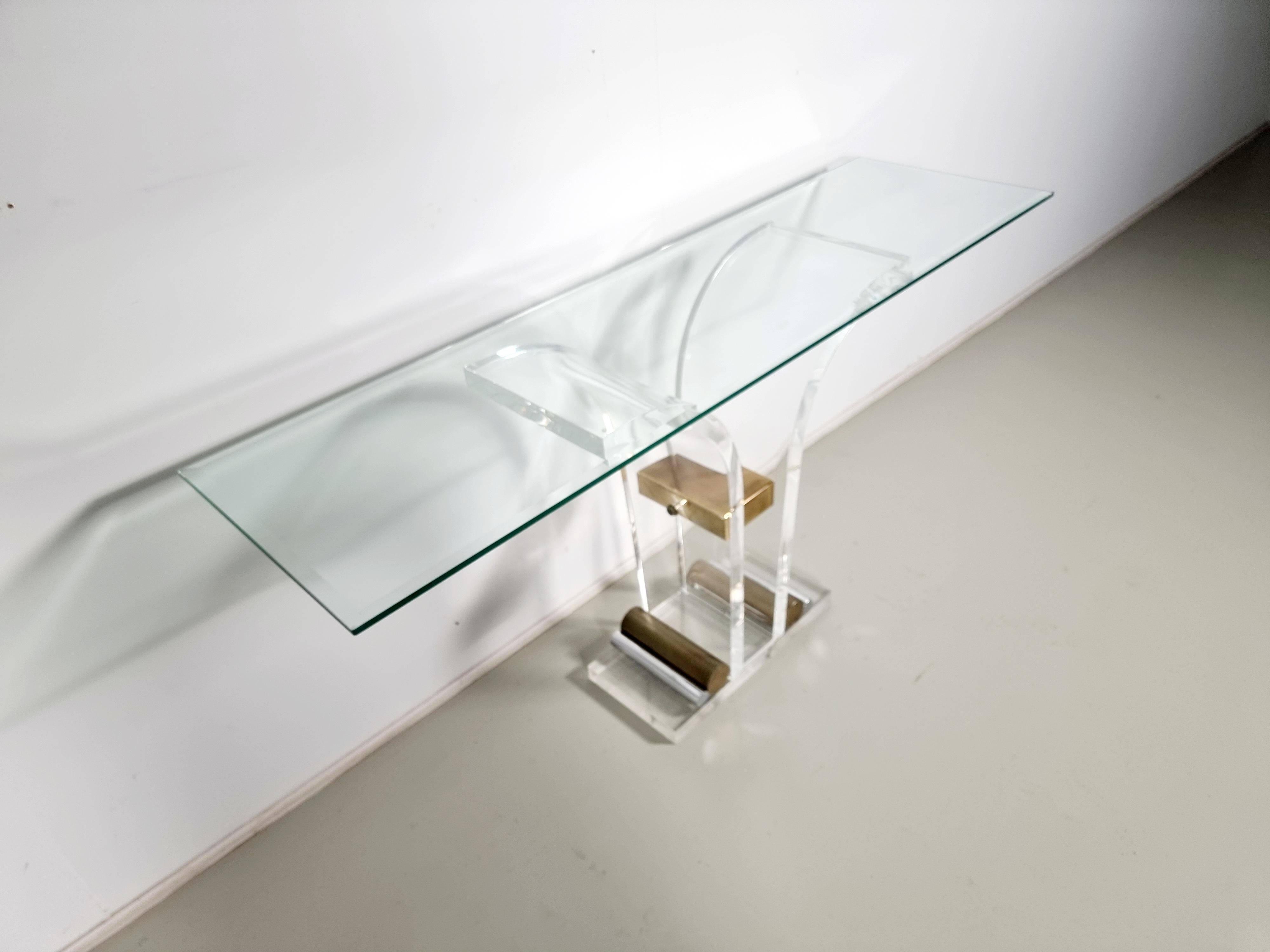 Console table by Charles Hollis Jones in lucite, brass, and glass, 1970.