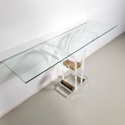 Console table by Charles Hollis Jones in lucite, brass, and glass, 1970.