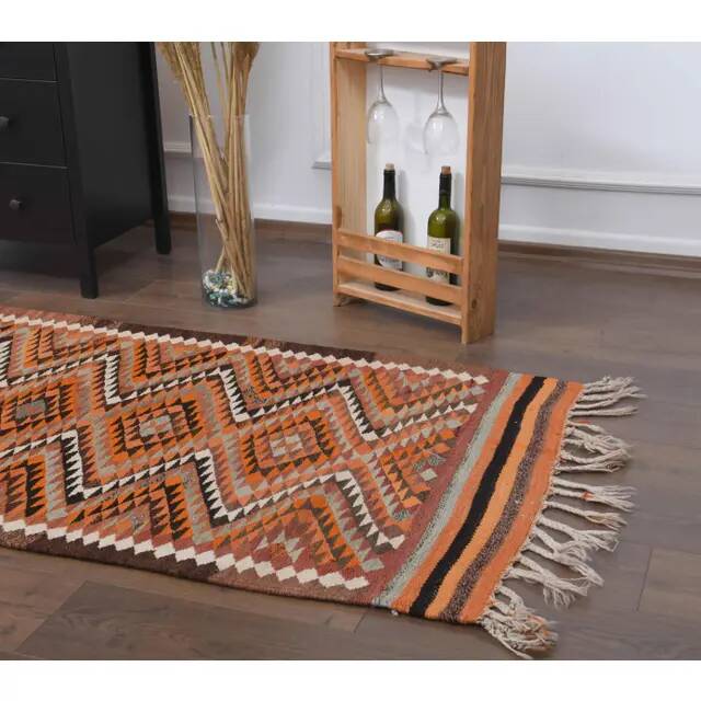 1970s Vintage Turkish Hand-Knotted Wool Cotton Orange Runner Rug 96x346