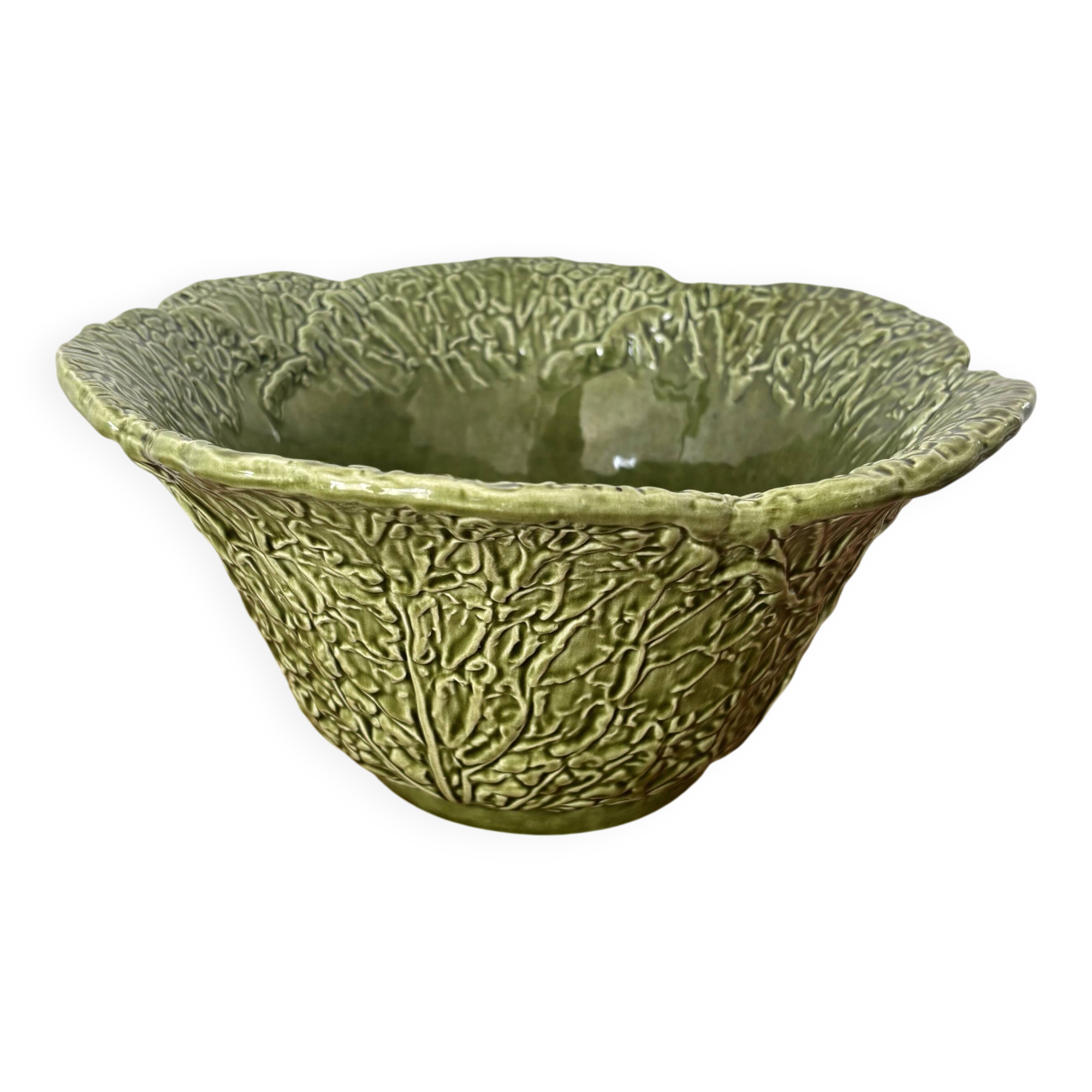Saladier vintage barbotine forme chou vert – grand saladier original m