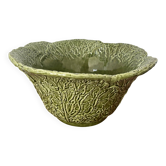 Vintage green cabbage-shaped barbotine salad bowl – large original salad bowl.