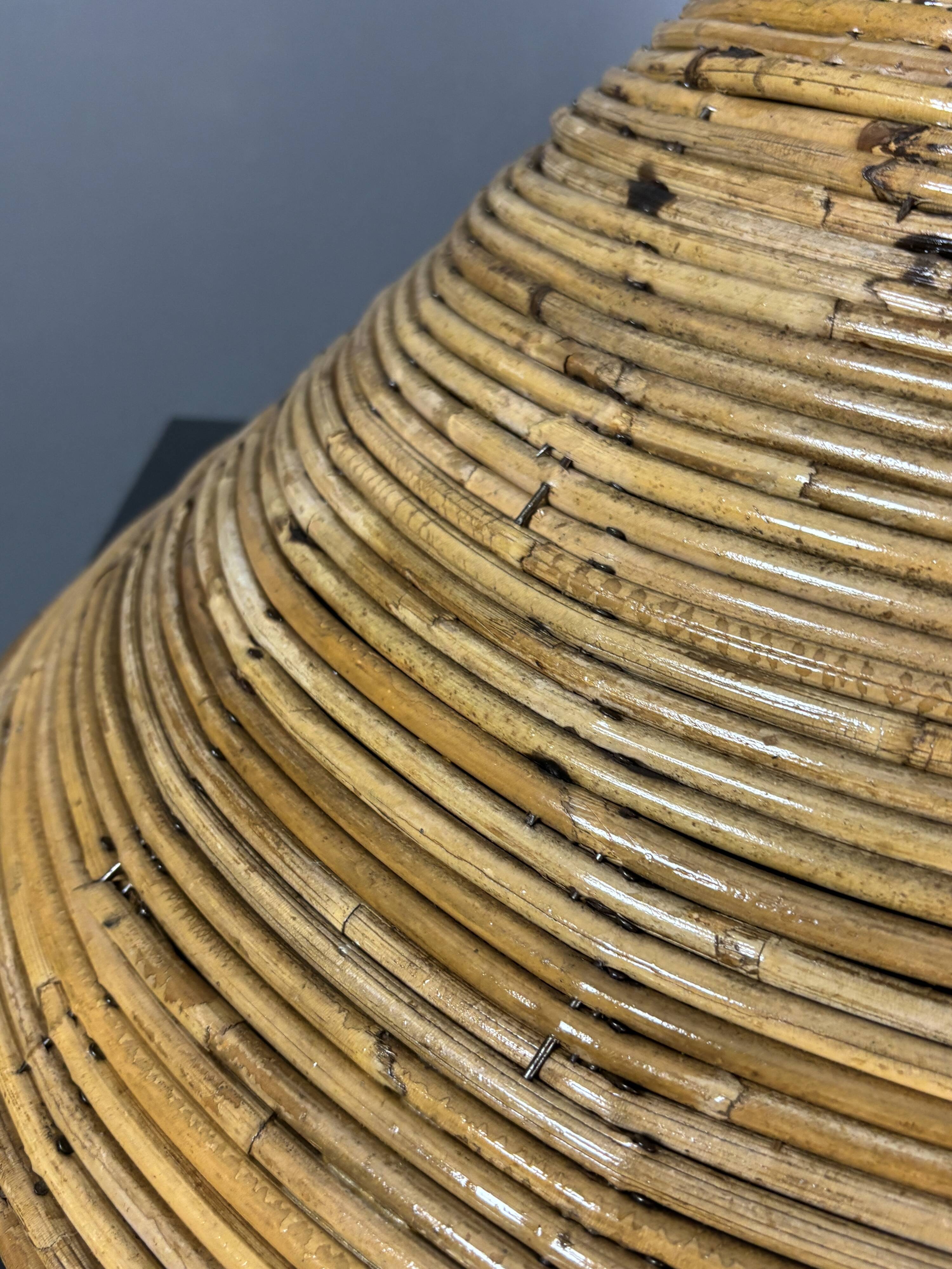 Midcentury pair pencil rattan large ( 62 cm ) pendants, Italy 1970s