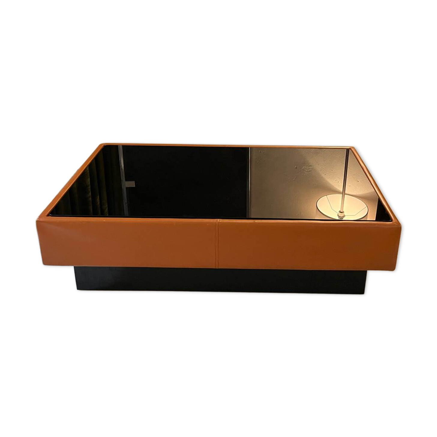 Caramel leather and black glass coffee table