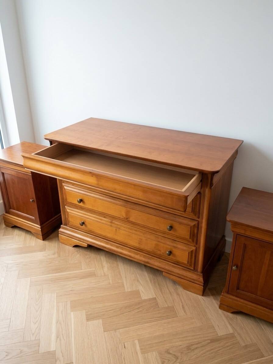 Selling Louis Philippe chest of drawers with secret drawer along with these bedside tables.