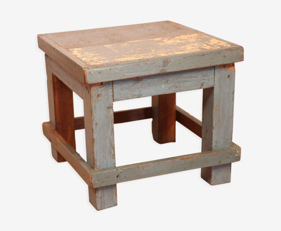 Table de chevet d'atelier en teck birman patine bleue d'origine /idéal en sellette p
