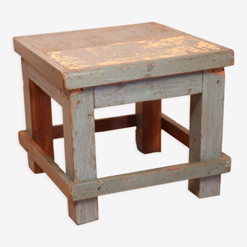 Old small workshop bedside table in Burmese teak original blue patina / ideal in fifth wheel p