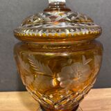 Very beautiful covered pot, crystal urn with cut and tinted decoration, bohemian twentieth