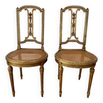 Paire de chaise en bois doré d'époque Napoléon III de style Louis XVI