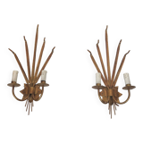 Pair of gold wall sconces with wheat ears in the style of Coco Chanel