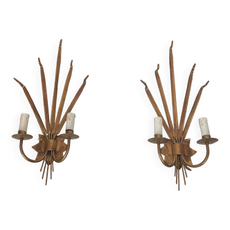 Pair of gold wall sconces with wheat ears in the style of Coco Chanel