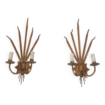 Pair of gold wall sconces with wheat ears in the style of Coco Chanel