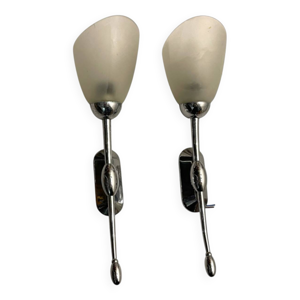 Lot de 2 appliques en verre satiné chromé des années 1970