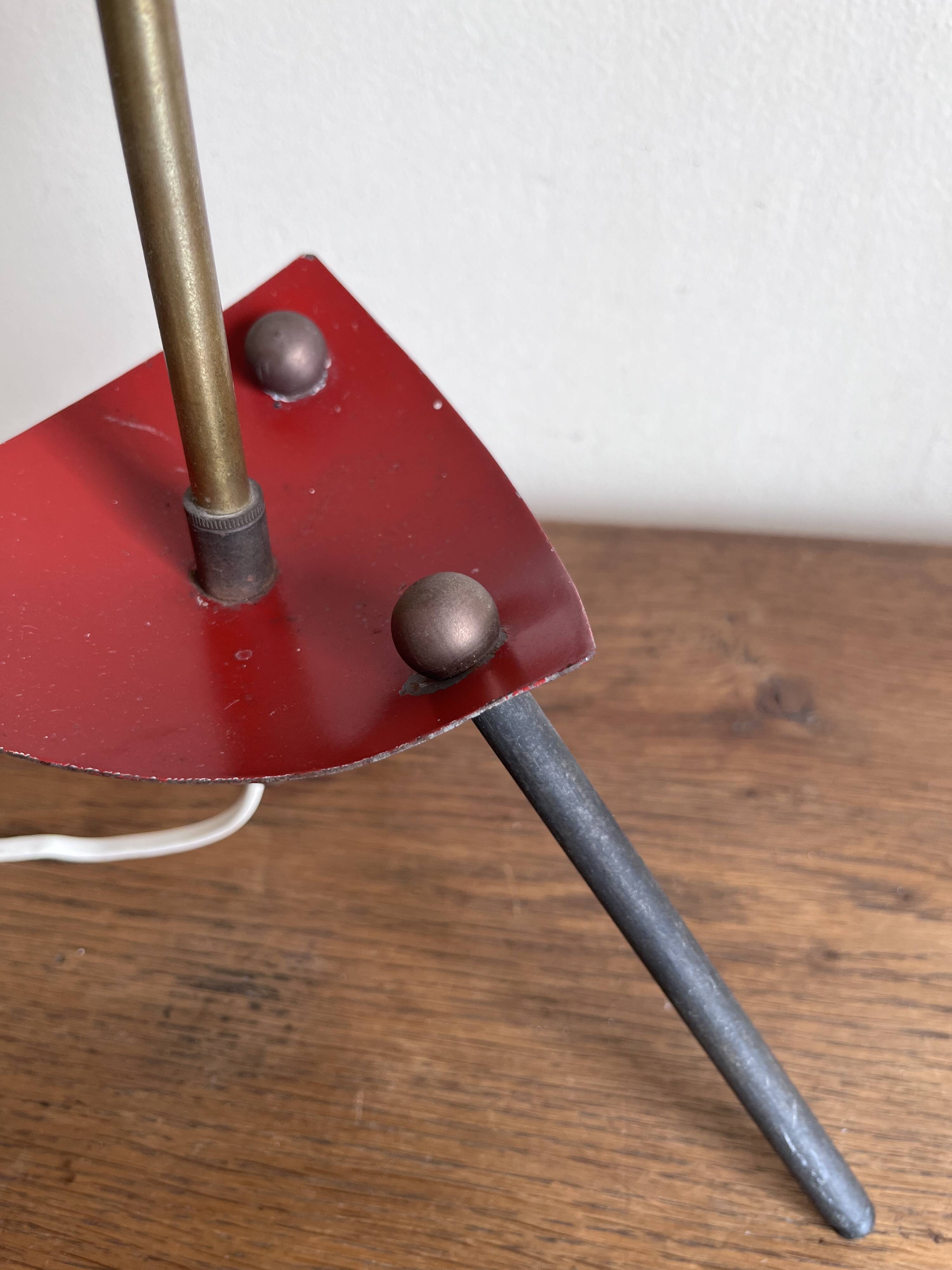 1950s modernist tripod lamp made of sheet metal and brass.