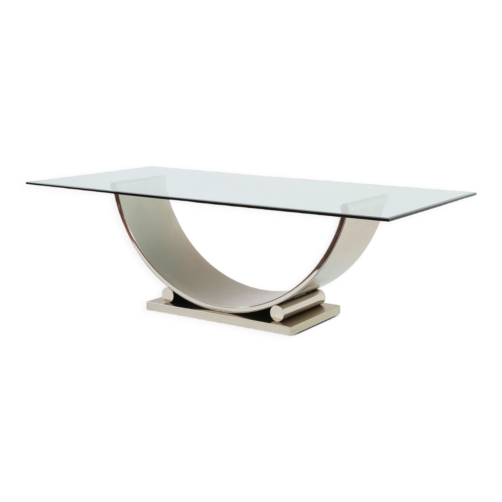 Belgo Chrom dining table in brushed stainless steel and glass top