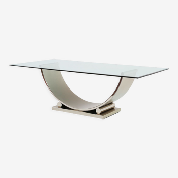 Belgo Chrom dining table in brushed stainless steel and glass top