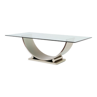 Belgo Chrom dining table in brushed stainless steel and glass top