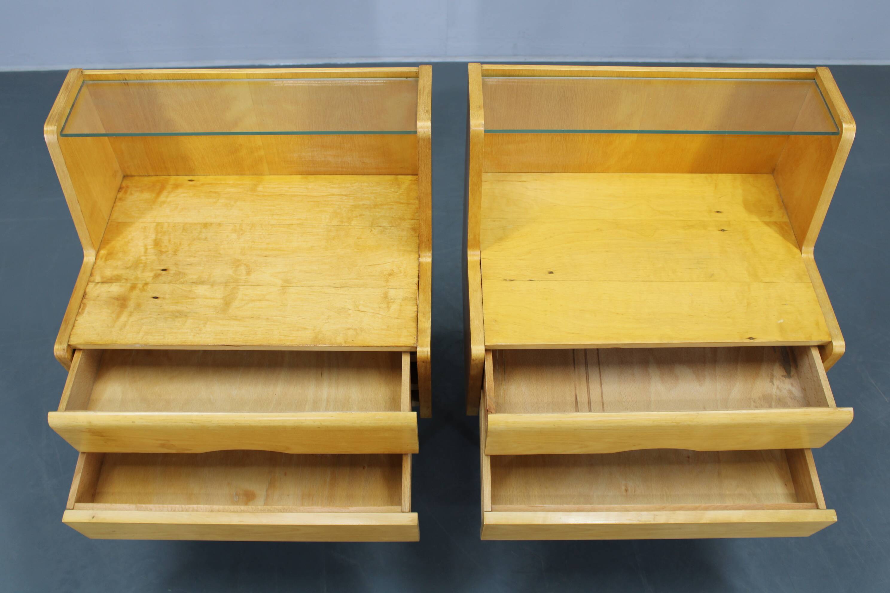 1960s Set of Night Stands and Chest of Drawers with Glass Shelf ,Czechoslov