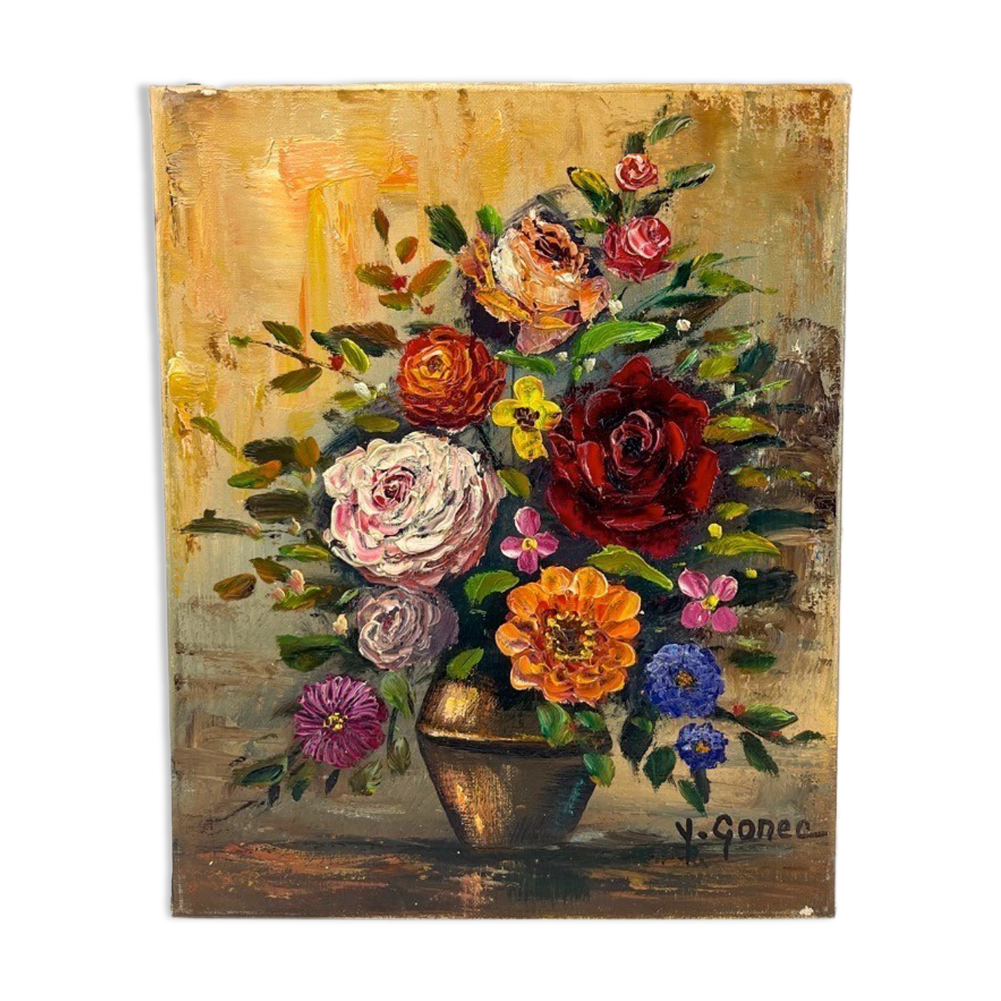 Oil on canvas still life "bouquet" Yves Gonec middle twentieth century