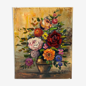 Oil on canvas still life "bouquet" Yves Gonec middle twentieth century