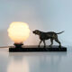 Lamp, Art Deco night light, dog on black marble base, pink globe. Year 30