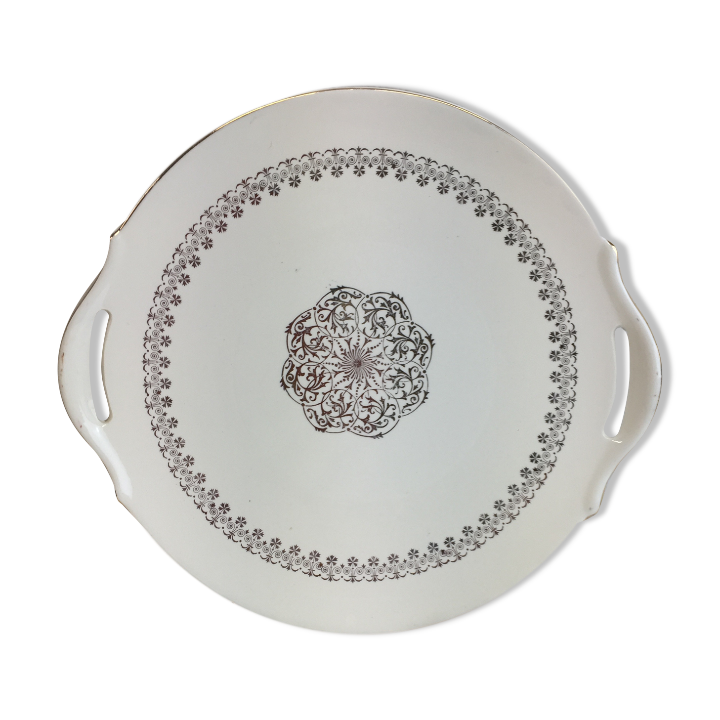 Round dish with white and gold handles made in France Digoin Sarreguemines