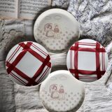 Vintage mismatched earthenware dessert plates with red patterns