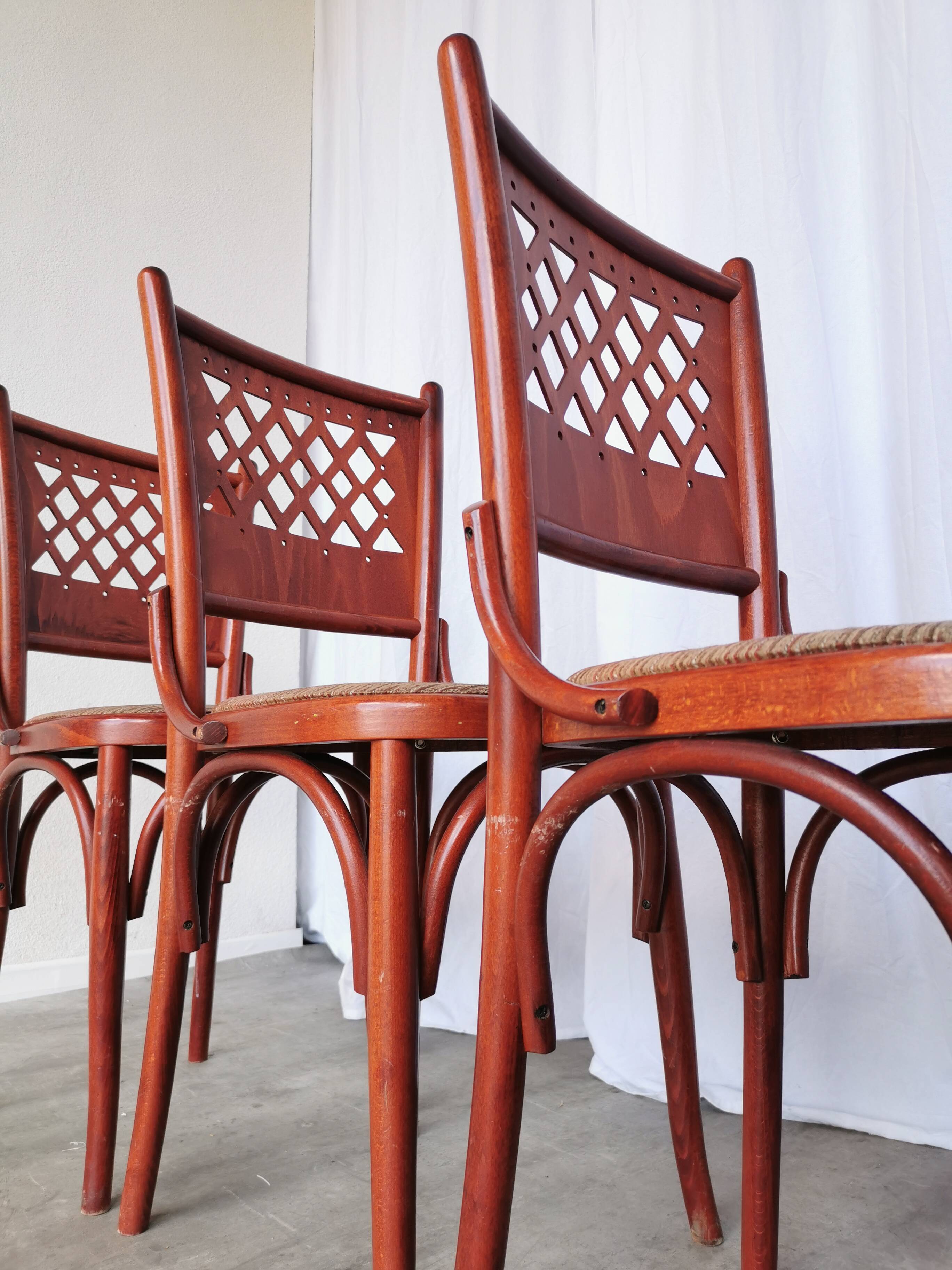 Vintage Italian Bistro Chairs - 1980s Reddish Wood, Brown Fabric - Set of 4