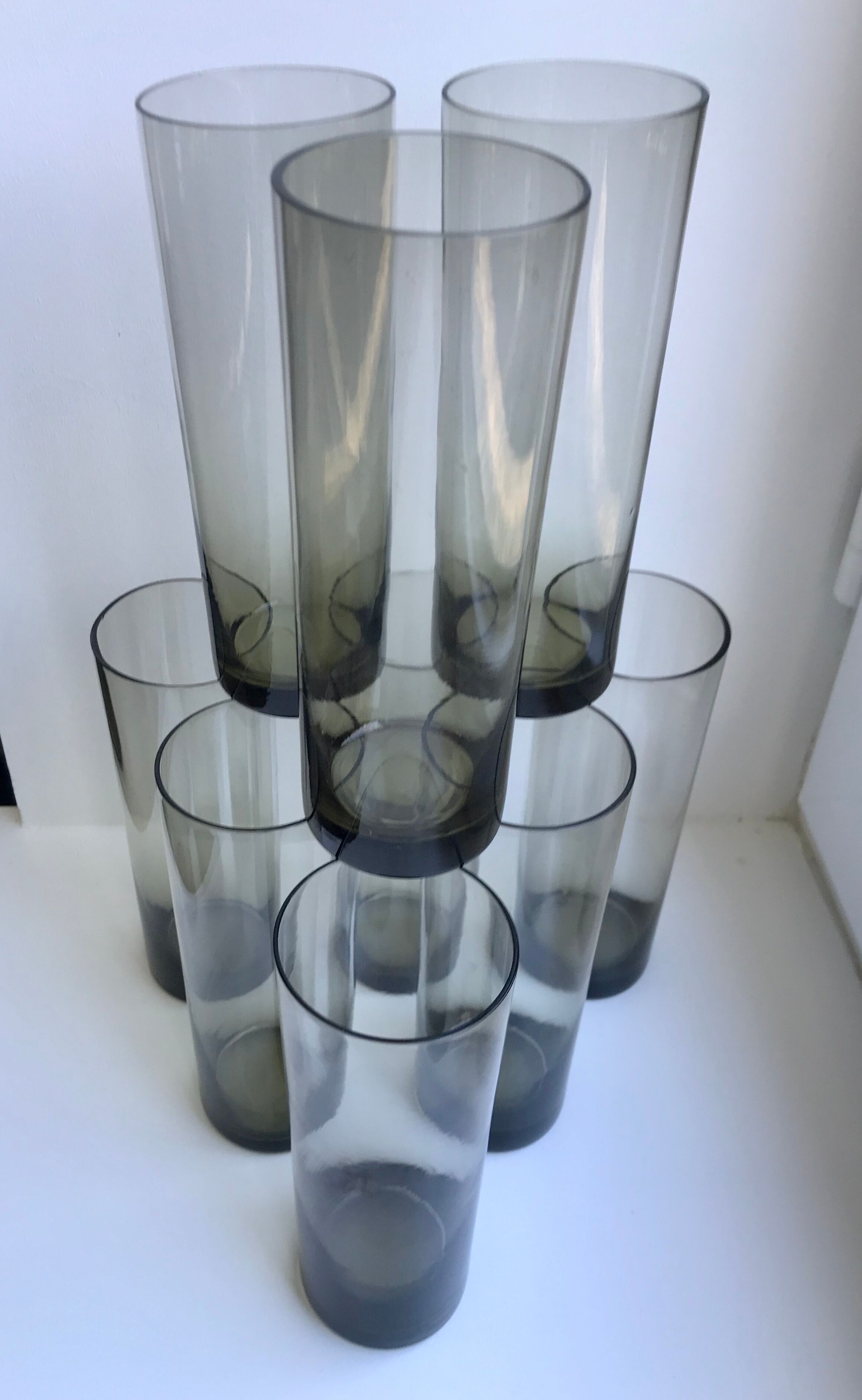 Set of 9 very large glasses in smoked glass 70s