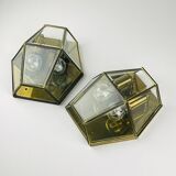 Hexagonal wall sconces in gilded brass and crystal, 1970s, set of 2.