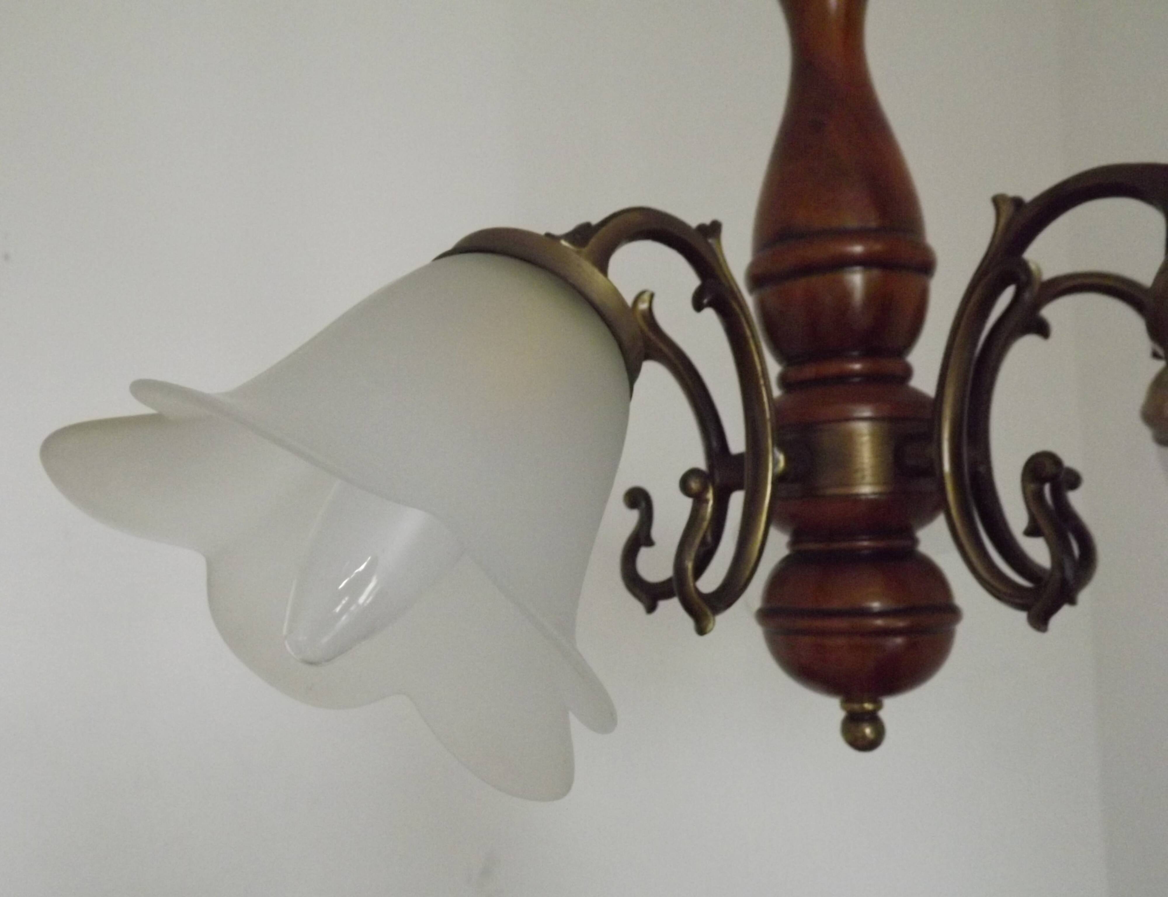 French Mid-Century Bronzed Metal & Wood 5-Light Chandelier with Glass Shades