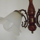 French Mid-Century Bronzed Metal & Wood 5-Light Chandelier with Glass Shades