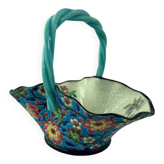 Large earthenware basket, Longwy enamels, turquoise blue cloisonné, twisted handle, stamp