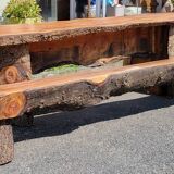 20th Century Folk Art: Brutalist Solid Wood Table with 2 Benches