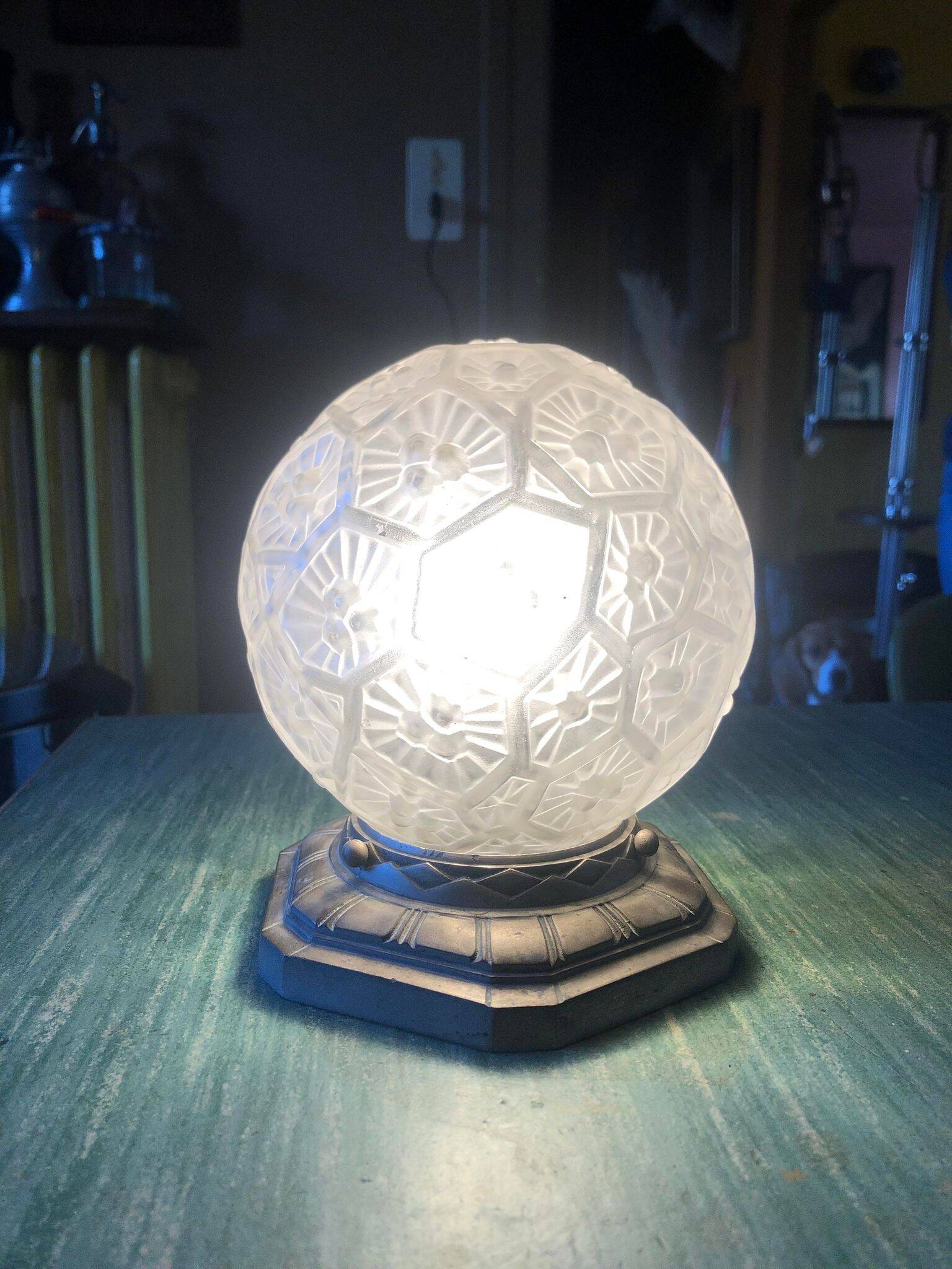 Charles Ranc art deco lamp, bedside lamp, nickel-plated bronze and glass globe