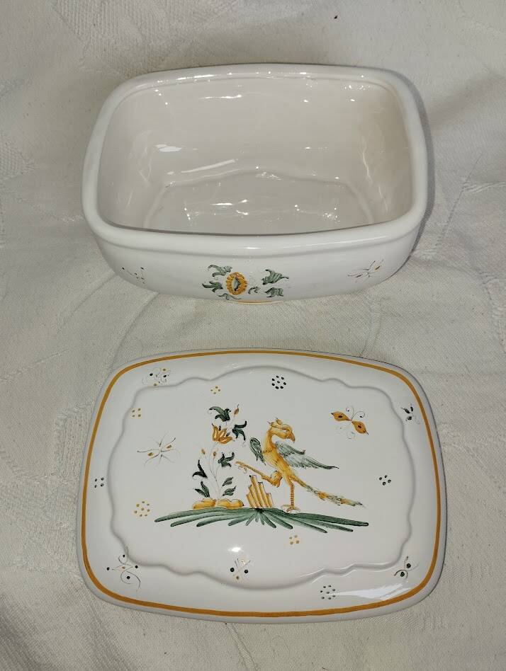 Antique butter dish in faience – Bird decoration – Late 19th / early 20th century