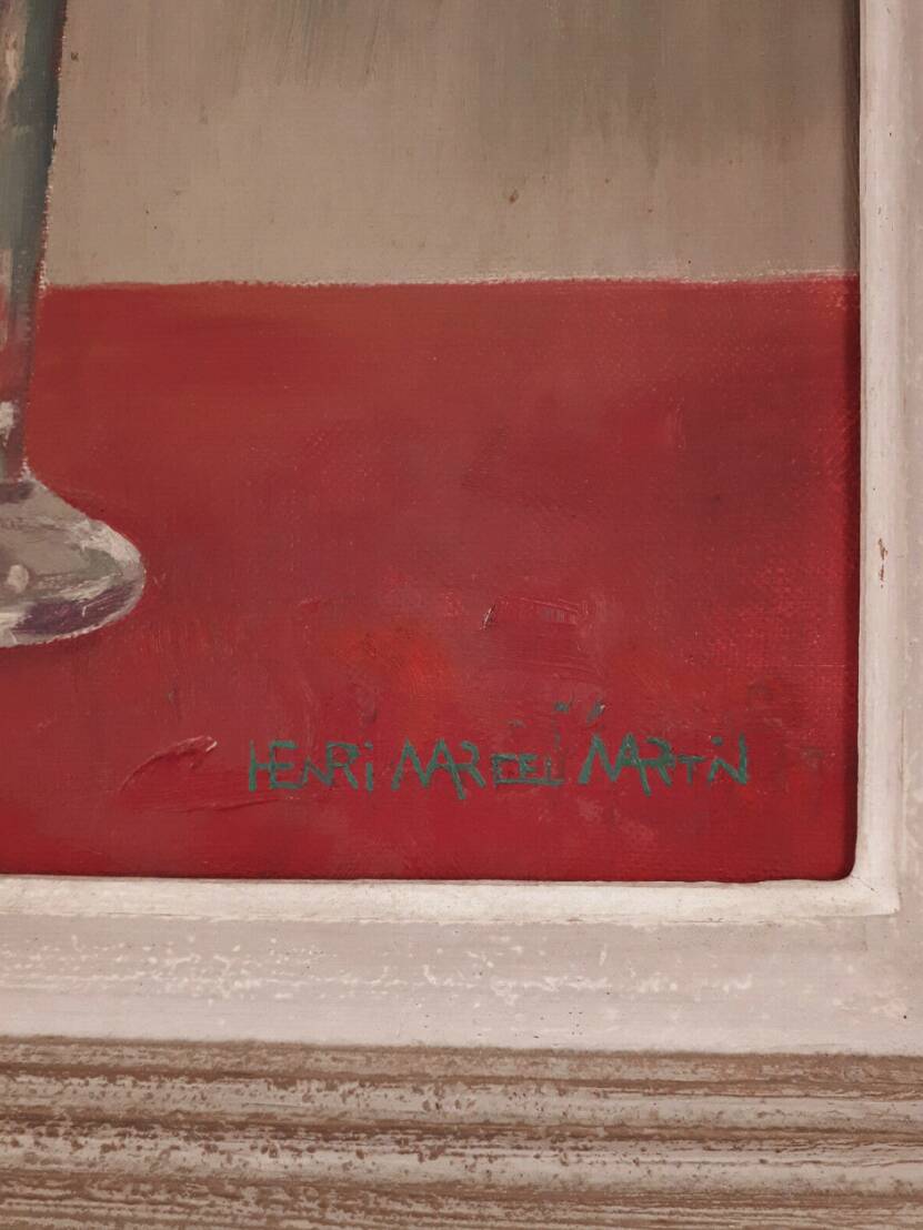 HST painting bouquet of peony flowers signed Henri Marcel-Martin vintage 1950