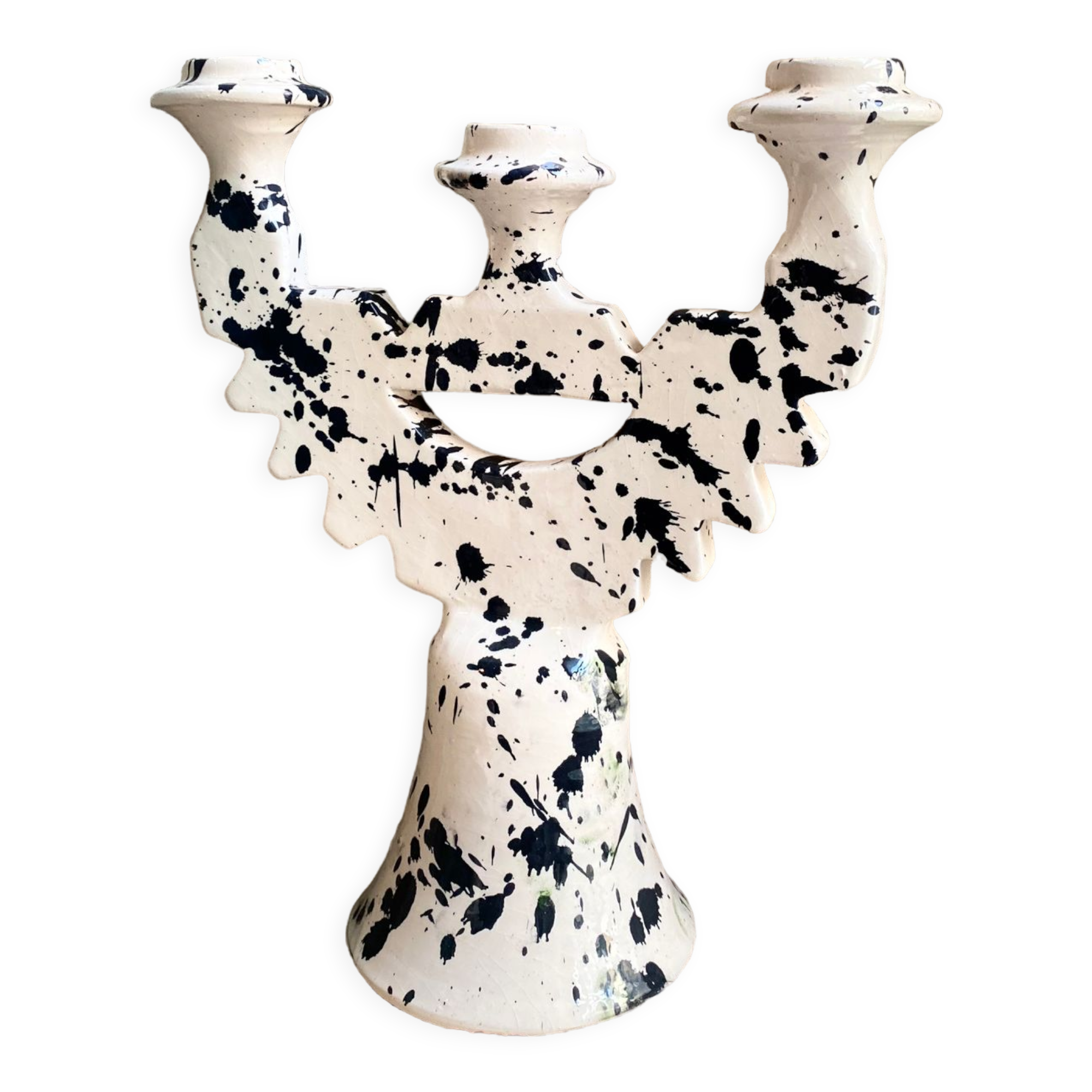 3-headed black spotted terracotta candle holder