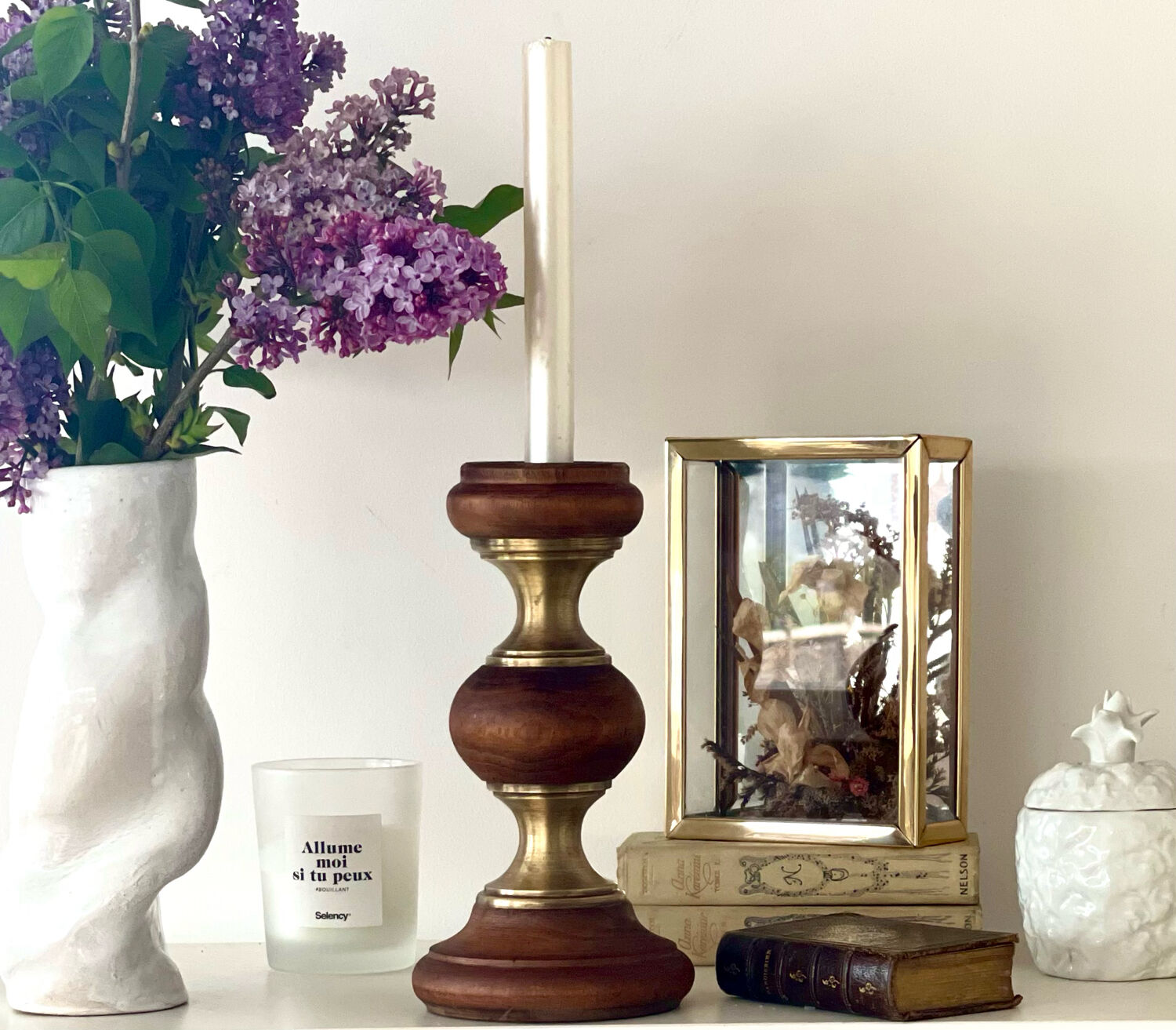 Wood and brass candle holder 1970