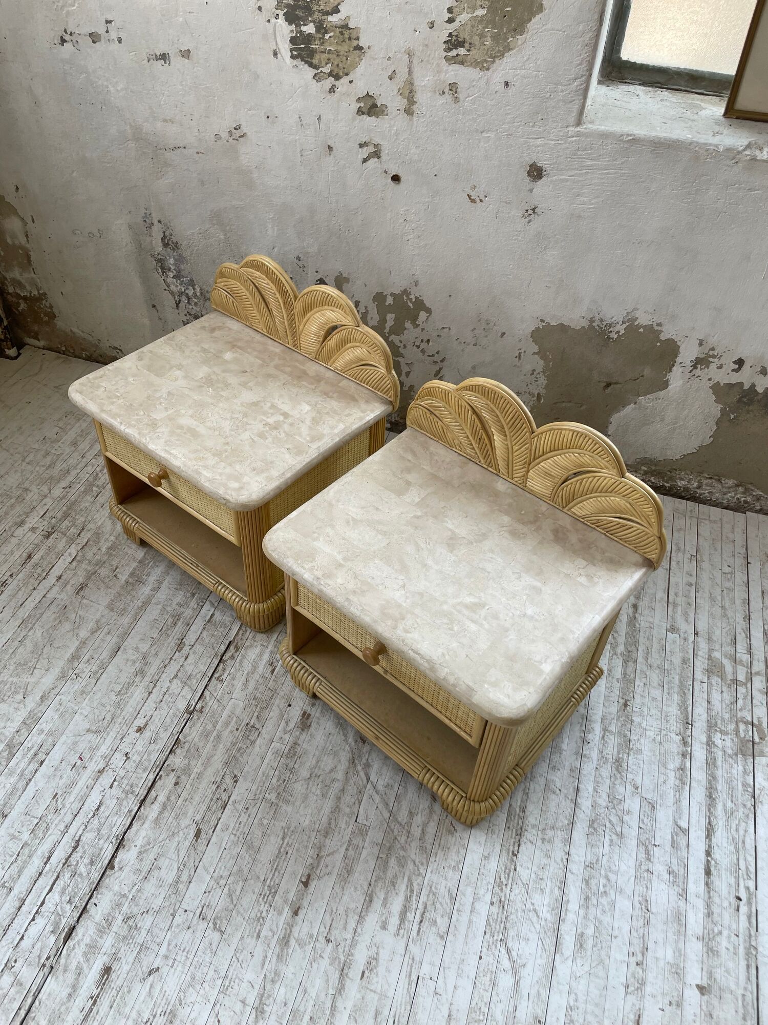 Pair of travertine bedside and rattan palm tree "vivai del sud"