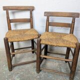 Pair of turned wooden farm chairs with straw - 19th century