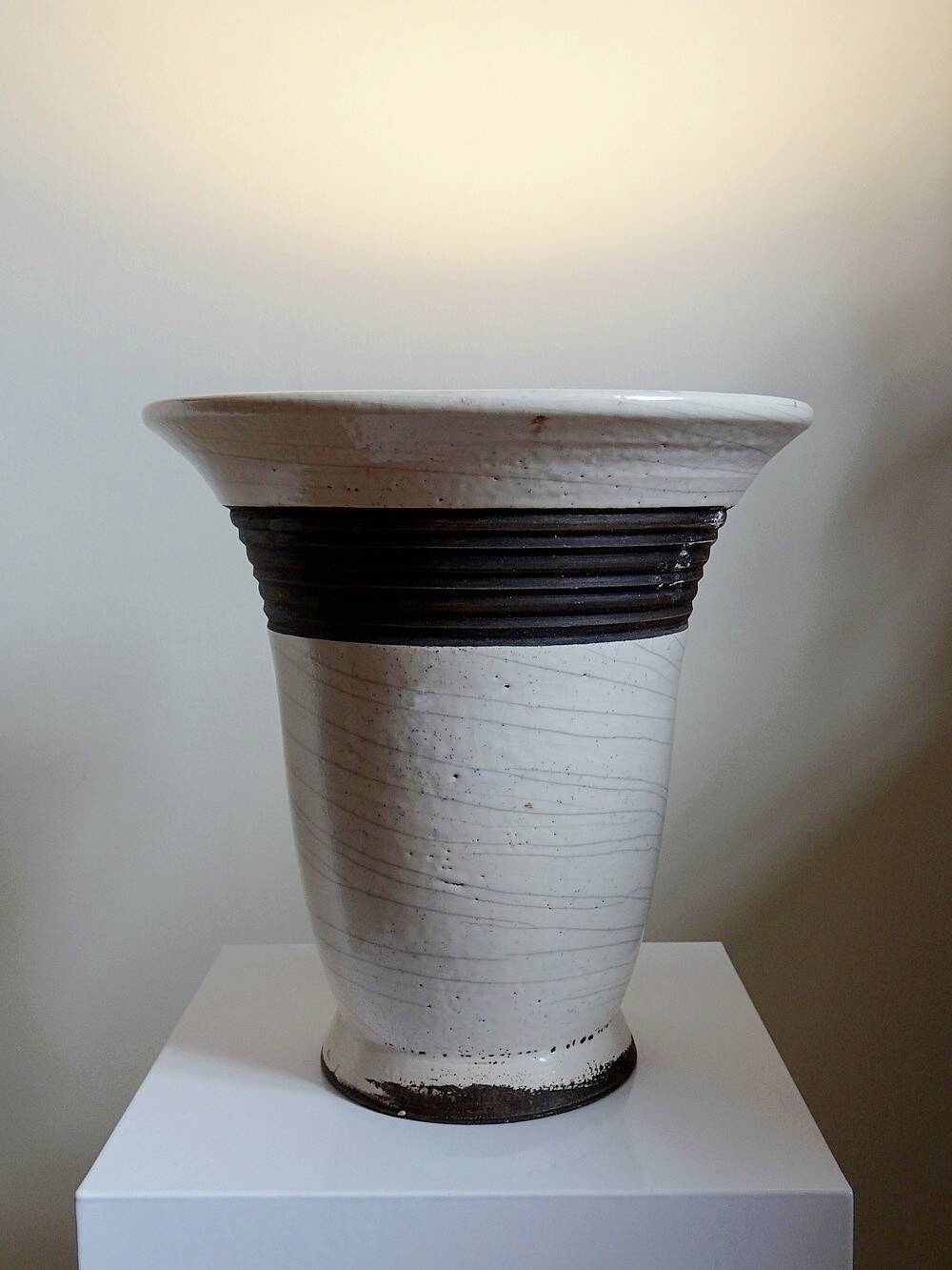 Large modern Raku lamp in beige and brown by Keramos Sèvres - René Hénon