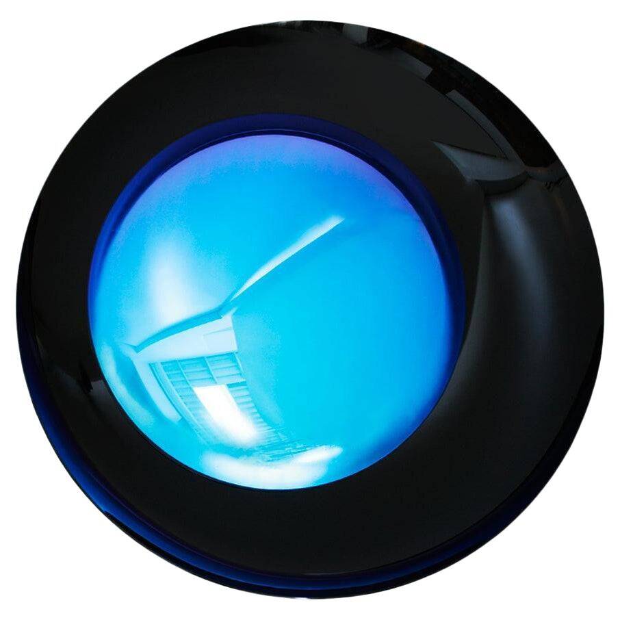 Modern Sculptural Concave Black and Blue Handmade Glass French Mirror